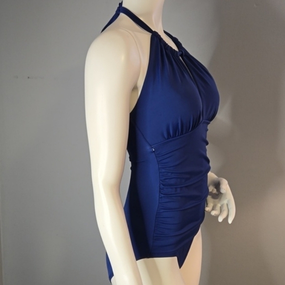 Ralph Lauren Blue Stylish Keyhole Halter Top Side Shirring Swimsuit Size 6 - Picture 2 of 7
